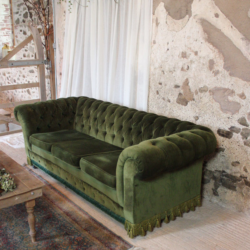 Green Velvet Chesterfield Three Seater Sofa